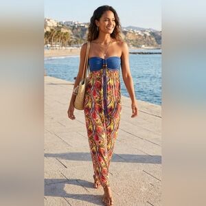 Blue Bandeau Floral Maxi Swim Cover-Up Dress